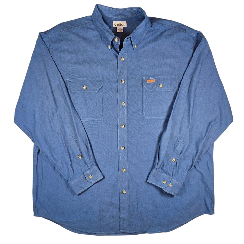Carhartt Blue Canvas Heavyweight Button Up Pockets Cotton L/S Shirt Men's Sz 2XL